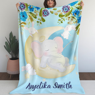 Teal Elephant Crescent Moon Personalised Name Fleece Blanket