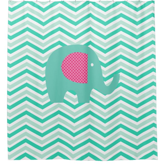 Teal Elephant on Chevron of Teal, Mint, White Shower Curtain (Front)