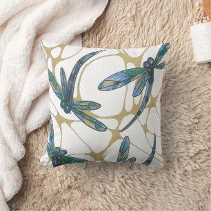 Teal & Emerald Dragonflies on Retro Yellow Groove Cushion