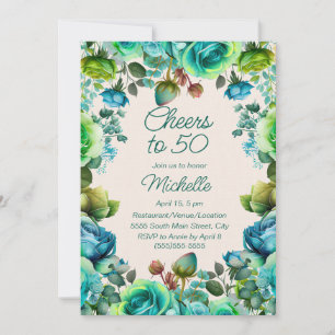 Teal Emerald Green Floral Cheers to 50 Birthday Invitation