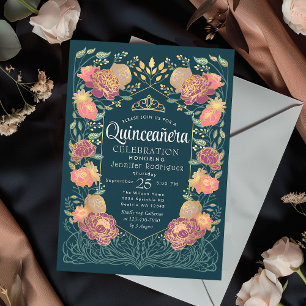 Teal Enchanted Garden Floral Quinceanera  Invitation