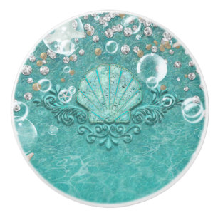 Teal Enchanted Sea Starfish & Bubbles Ocean Beach Ceramic Knob