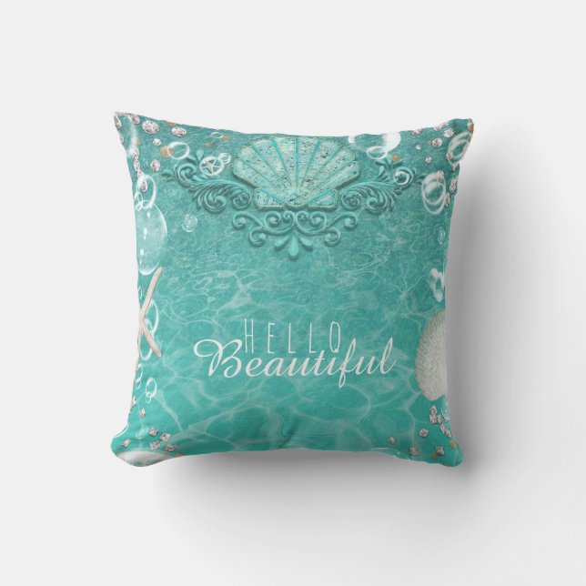 Teal Enchanted Sea Starfish & Bubbles Ocean Beach Cushion (Front)