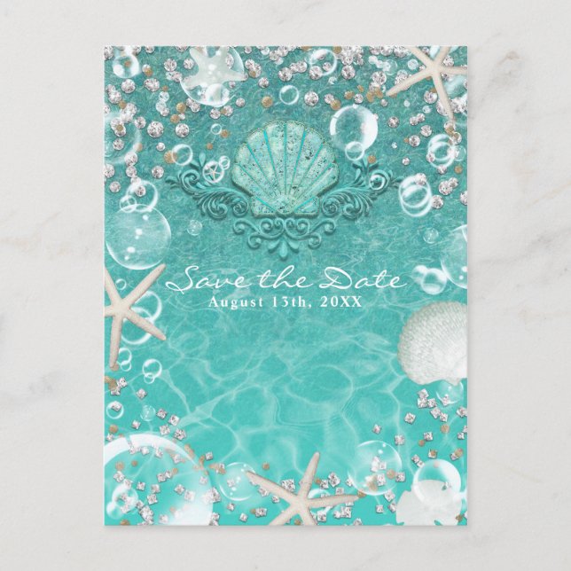 Teal Enchanted Starfish & Bubbles Save the Date Announcement Postcard (Front)