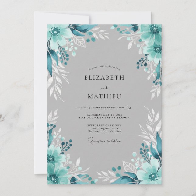 Teal Ethereal Floral Wedding Invitation (Front)