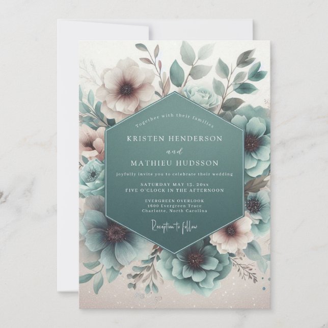 Teal Ethereal Floral Wedding Invitation (Front)