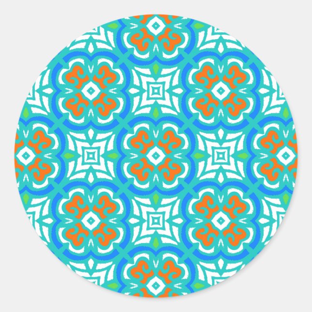 Teal Ethnic Pattern Classic Round Sticker (Front)
