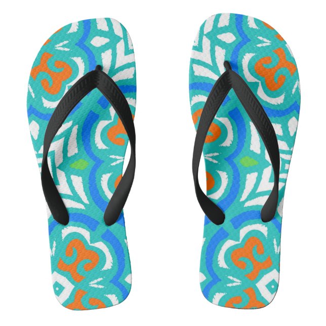 Teal Ethnic Pattern Flip Flops (Footbed)