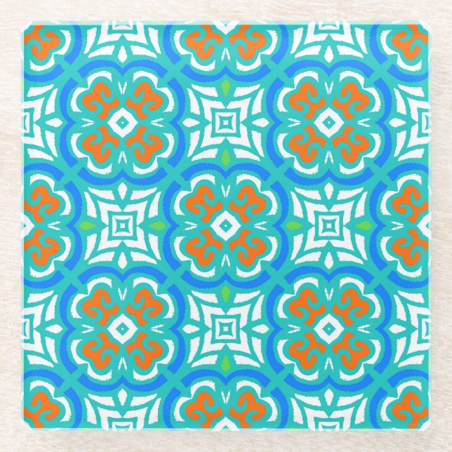 Teal Ethnic Pattern Glass Coaster (Front)