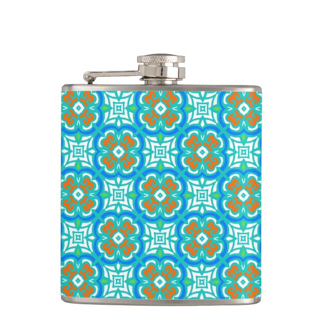 Teal Ethnic Pattern Hip Flask (Front)