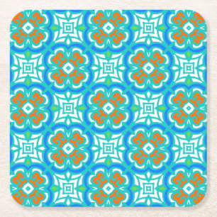 Teal Ethnic Pattern Square Paper Coaster