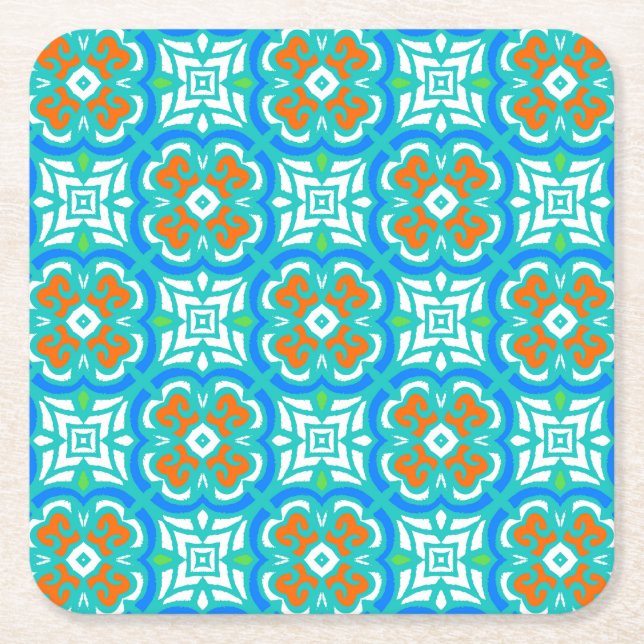 Teal Ethnic Pattern Square Paper Coaster (Front)
