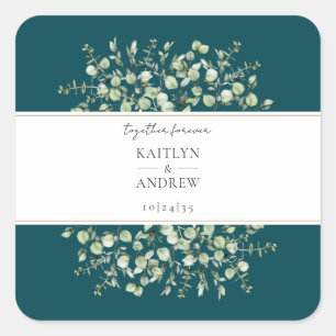 Teal Eucalyptus Together Forever Wedding Square Sticker