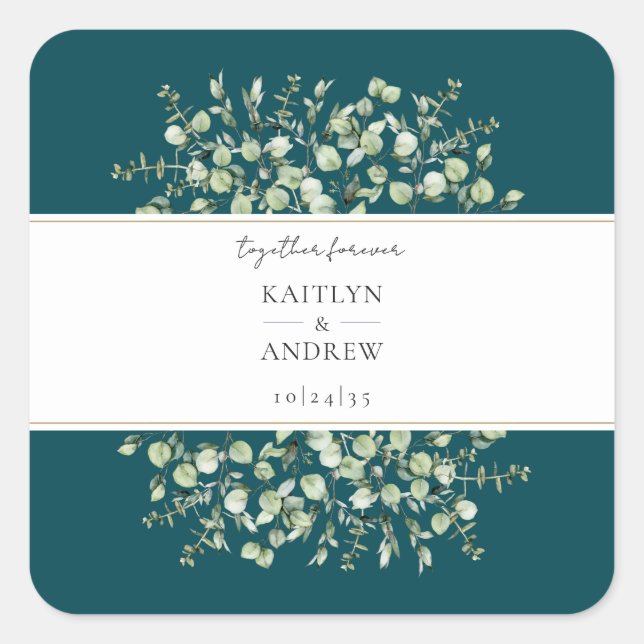 Teal Eucalyptus Together Forever Wedding  Square Sticker (Front)