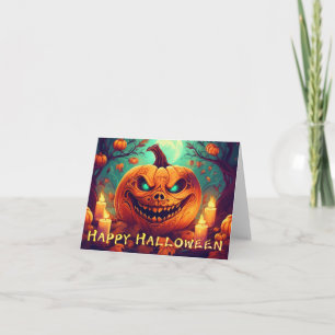 Teal-Eyed Pumpkin Candles Full Moon Halloween Card