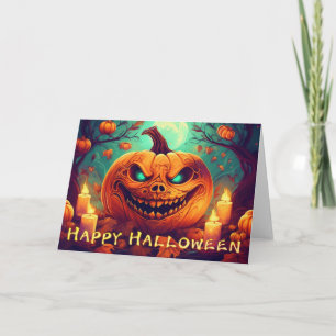 Teal-Eyed Pumpkin Candles Full Moon Halloween Card