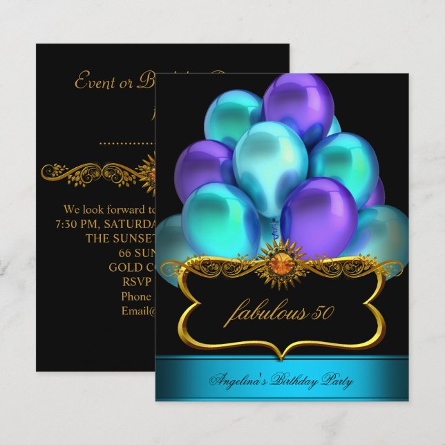 Teal Fabulous Black Gold Balloons Birthday Party Invitation (Front/Back)