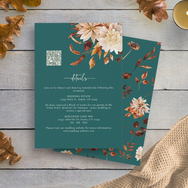Teal Fall Details Enclosure Card (Teal Fall Leaves Decor Details Enclosure Card QR Code by Painted Paperie
)