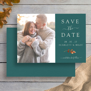 Teal Fall Leaves Photo Save The Date Wedding