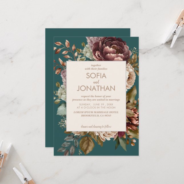 Teal Fall Maroon Watercolor Floral Wedding (Front/Back In Situ)