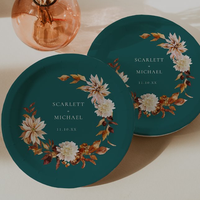 Teal Fall Paper Plate (Teal Fall Wreath Floral Decor Paper Plates by Painted Paperie
)