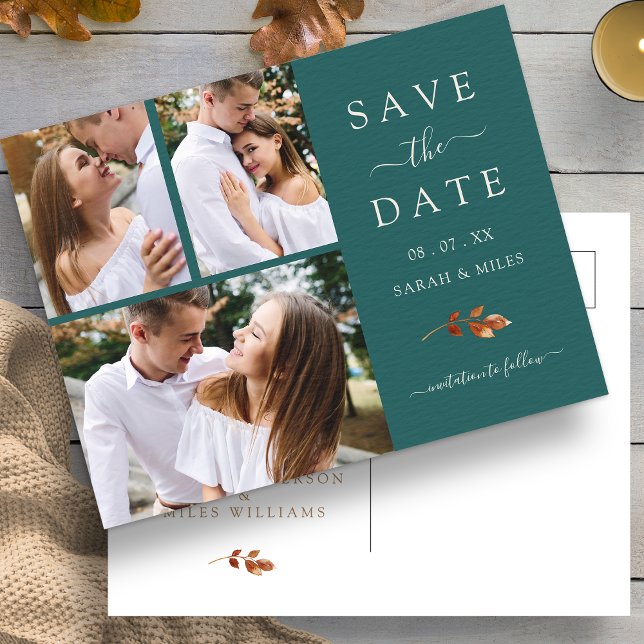 Teal Fall Photo Announcement Postcard (Teal Fall Leaf Photo Collage Save The Date  Announcement Postcard by Painted Paperie
)