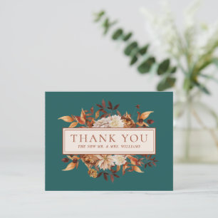 Teal Fall Terracotta Leaves Flowers Thank You Card