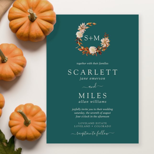Teal Fall Terracotta Monogram Wreath Wedding Invitation (Teal Fall Terracotta Monogram Wreath Wedding Invitation by Painted Paperie
)