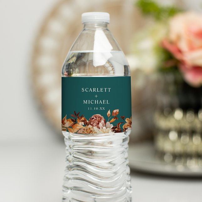 Teal Fall Water Bottle Label (Teal Fall Floral Water Bottle Label by Painted Paperie
)
