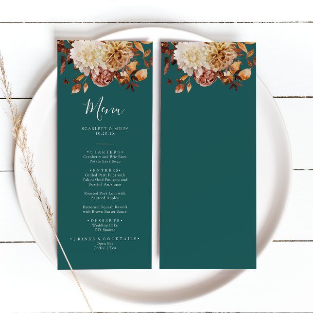Teal Fall Wedding Menu (Elegant Teal Fall Floral Wedding Menu by Painted Paperie
)