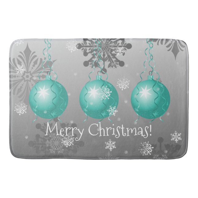 Teal Fancy Christmas Ornament Bath Mat (Front)
