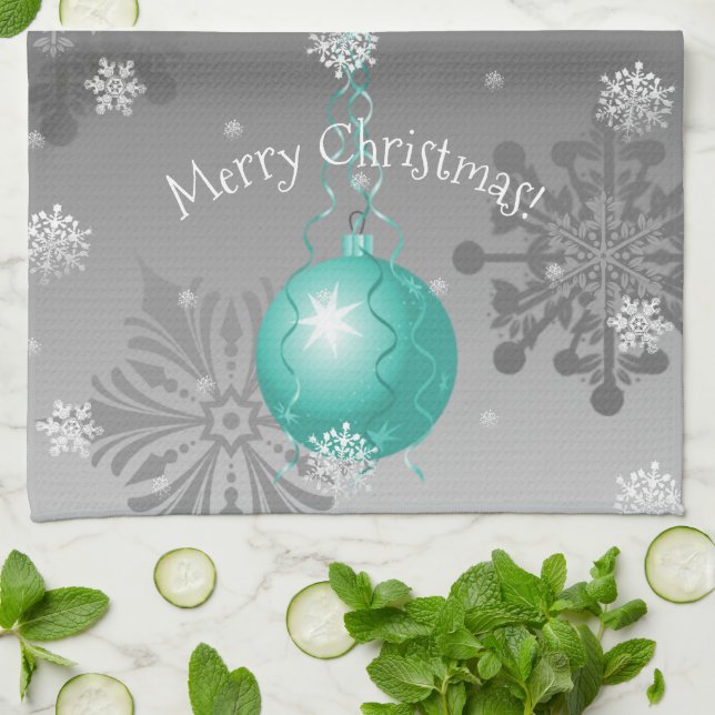 Teal Fancy Christmas Ornament Kitchen Towel (Folded)