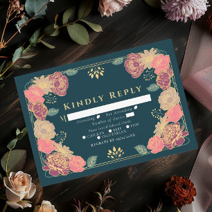 Teal Fantasy Enchanted  Flower Garden Wedding RSVP Card