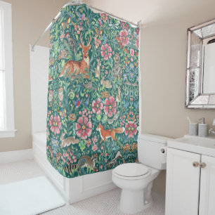 Teal Fantasy Forest Woodland Animal Pretty Floral Shower Curtain