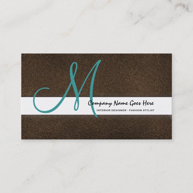 Teal fashion stylist brown suede business card (Front)