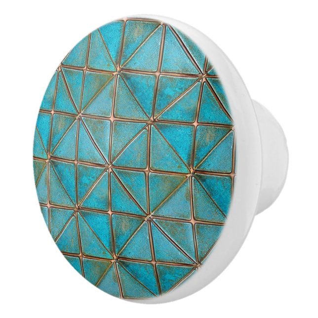 Teal faux-copper patina X-pattern aged texture  Ceramic Knob (Right)