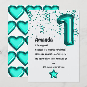 Teal Faux Foil Balloon 1st Birthday Party Invitation