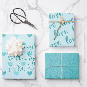 Teal Faux Foil Hearts Love Script Turquoise Wrapping Paper Sheet