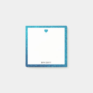 Teal Faux Glitter Heart & Border on White w/ Name Post-it Notes
