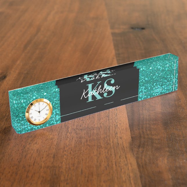 Teal Faux Glitter Monogram Office Desk Name Plates (Side)