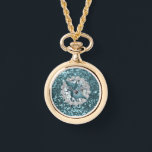 Teal Faux Glitter & Seashell Watch<br><div class="desc">Beautiful gold watch necklace featuring Teal Faux glitter & Seashell design</div>