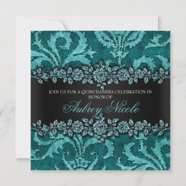 Teal Faux Glitter & Velvet Floral Quinceanera Invitation (Front)