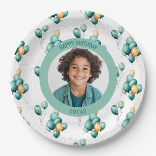 Teal Faux Gold Balloons Photo Paper Plate