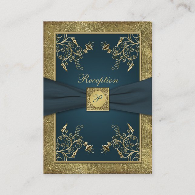 Teal, FAUX Gold, Floral Wedding Enclosure Card (Front)