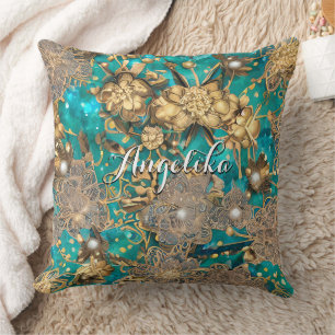 Teal Faux Gold Glitter Abstract Flowers Custom Cushion