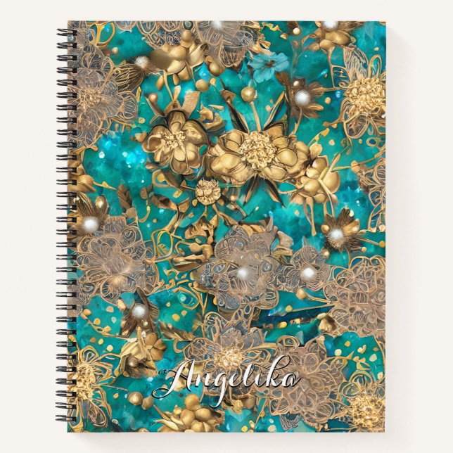 Teal Faux Gold Glitter Abstract Flowers Custom Notebook (Front)