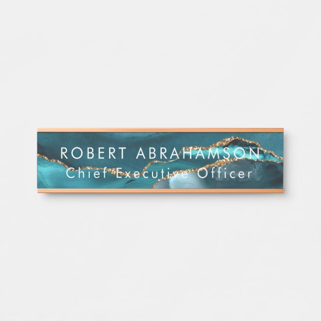 Teal Faux Gold Glitter Office Door Sign Name Plate (Front)