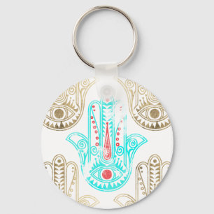 Teal faux gold watercolor Hamsa Hand of Fatima Key Ring