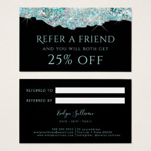 Teal faux iridescent glitter referral card