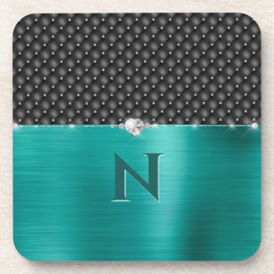 Teal Faux Metal Glam Upholstery and Monogram Coaster